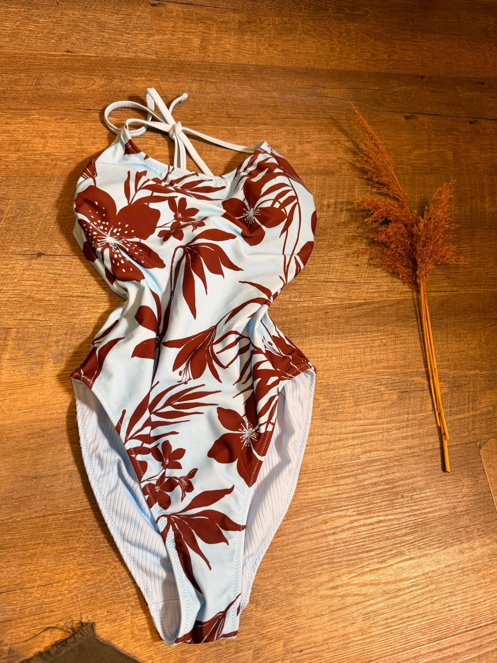Shade & Shore Light Blue One-Piece Swimsuit with Rust Floral Print